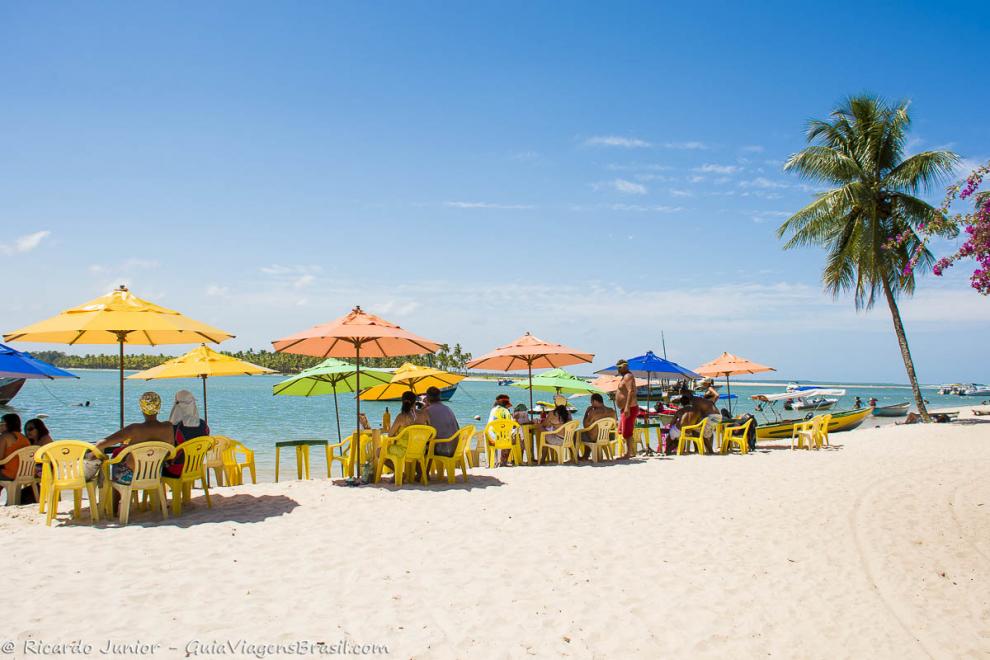 Imagem de turistas nos guarda sol na Praia da Boca da Barra.
